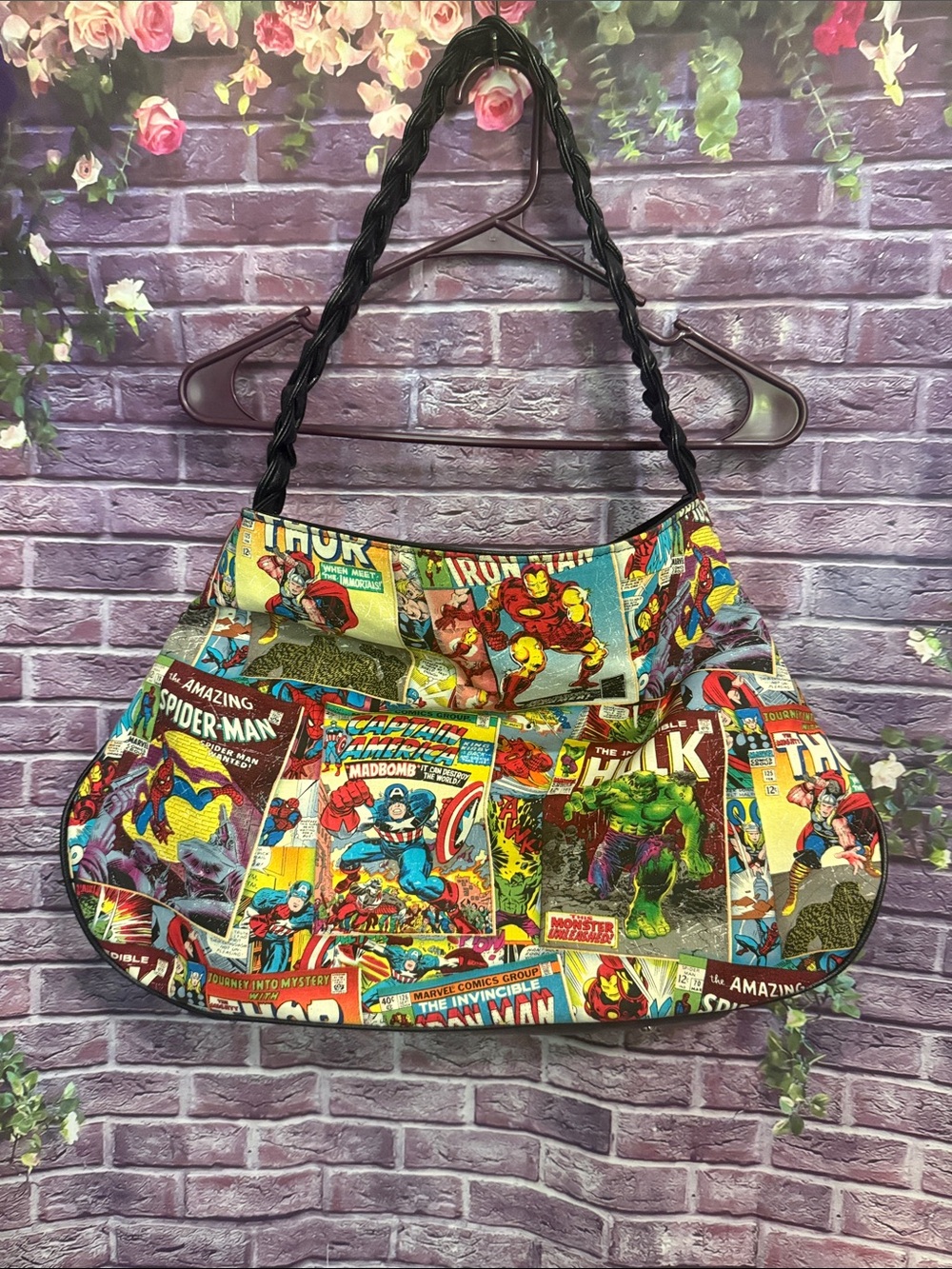 Multicolor Marvel superhero Comic-Print Shoulder Tote Bag with Braided Strap new